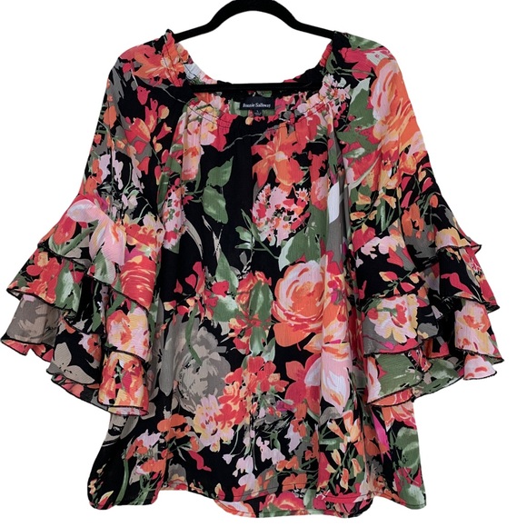 Ronnie Salloway Tops - Ronnie Salloway Bright Floral Layered Cropped Bell Sleeve Blouse Top Large
